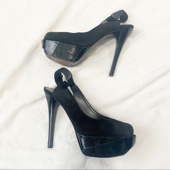 Stuart Weitzman black suede peep toe pumps high heels bow size 9.5 - Picture 9 of 9